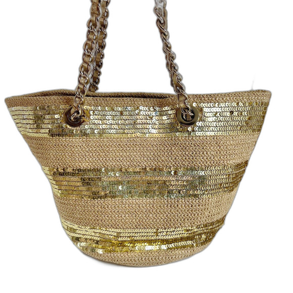 Kate Spade Woven Tote Bag Gold Sequins Summer Bag Beach Tote Shoulder Bag - Picture 4 of 9